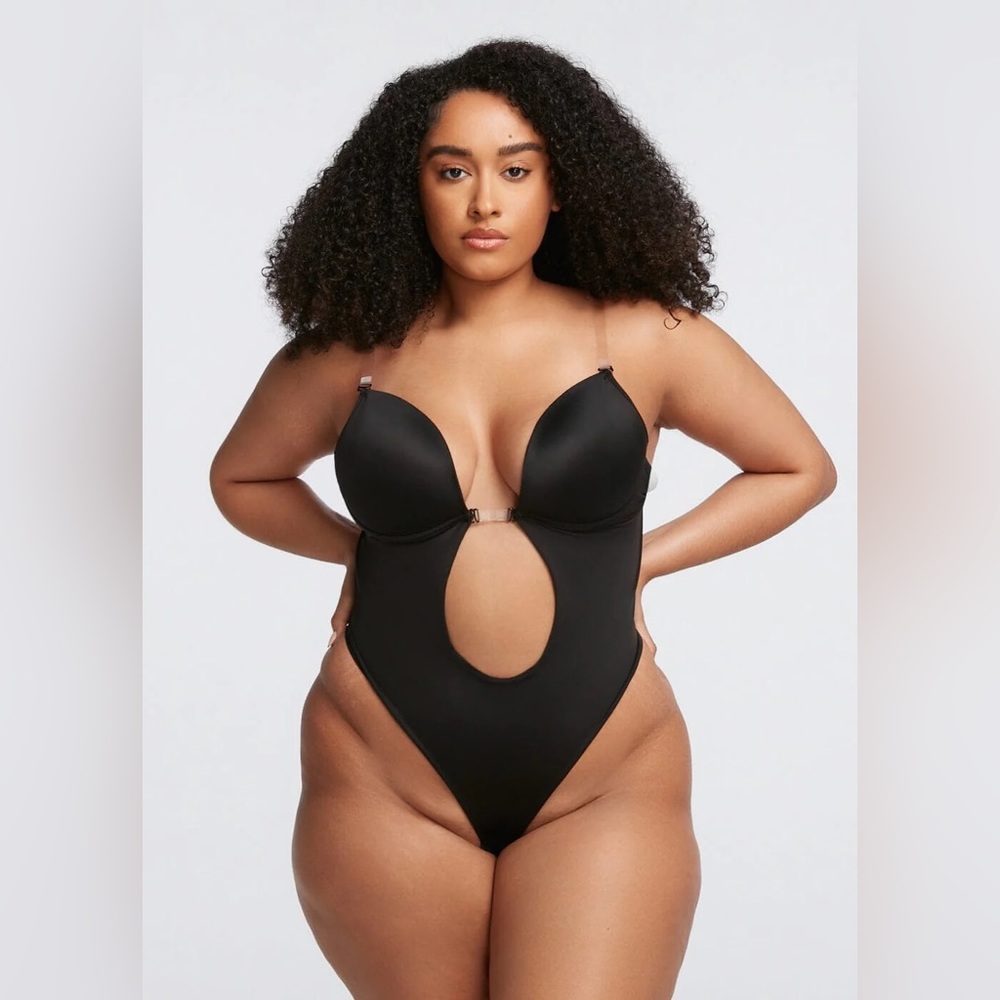 Black Plunge Backless Bra Bodysuit